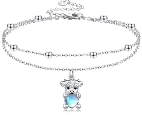 VENACOLY Highland Cow Bracelet de cheville en argent sterling 925 avec pierre de lune et bœuf des Highlands, bijou écossais, cadeau pour femme, 28.13 cm, Argent sterling, No Gemstone