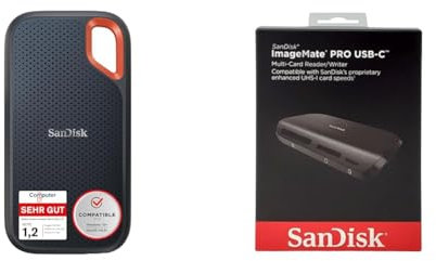 SanDisk Extreme Portable SSD 2 TB & Image Mate Pro USB-C Lese-/Schreibgerät Multi-Kartenlesegerät (für UHS-I-, UHS-II-, Non-UHS-, CompactFlash und microSD-Karten, USB 3.0)