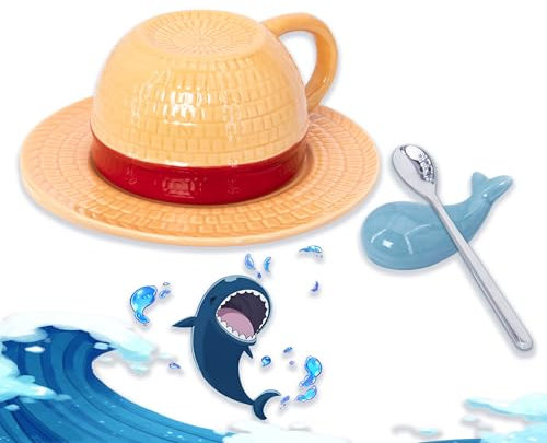 Roffatide AnimeTazze di caffè Scimmia D.Cappello di paglia Ceramica Caffè Tè Latte Tazza Ufficio Regalo o Souvenir per il compleanno di Natale (Cucchiaio + Laboon Cucchiaio Holder)