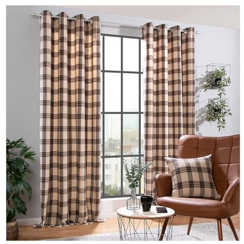 heimtexland ® Ösenschal Cosy mit Woll-Charakter Blickdicht Tartan kariert HxB 240x135 Vorhang Schotten-Karo Deko Gardine Typ899 beige-braun
