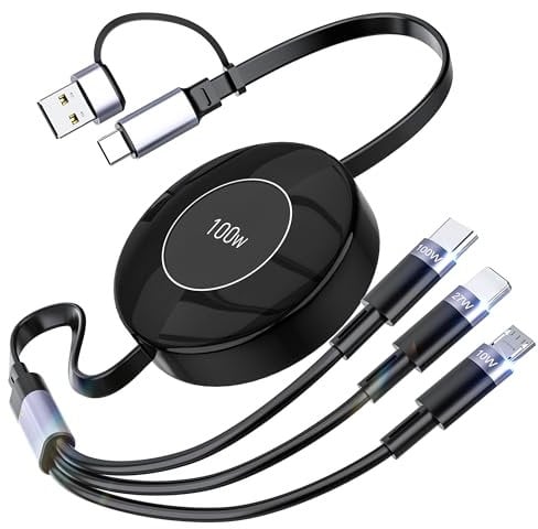 3-in-1 Retractable Multi Charging Cable, 100W USB-C/A to Lightning/USB-C/Micro Fast Phone Charger Cord for iPhone 16, iPhone 15, Samsung, MacBook, iPad (Black)