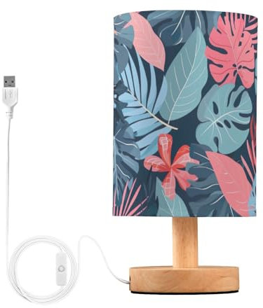SKYSHU Petite lampe de chevet à DEL en forme de feuilles de palmier avec base en bois antidérapante et abat-jour agréable pour les yeux pour salon, chambre à coucher, dortoir, maison, bureau