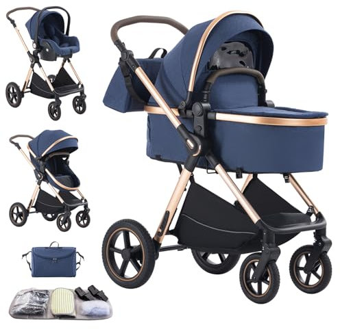 Mobayta Kinderwagen 3 in 1 Komplettset Baby Kombikinderwagen bis 22kg, Zusammenklappbar, Große Gummireifen, Großer Einkaufskorb, Warmer FußsackOrganizer Tasche (D2 BLUE, H2-D)