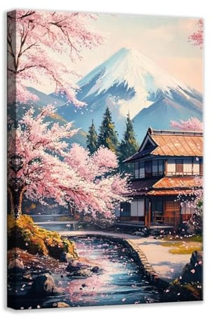 CCWACPP Leinwandbild mit japanischer Landschaft Sakura Wanddrucke traditionelles japanisches Kunstwerk für Wohnzimmer Schlafzimmer Heimdekoration mit Rahmen (70.00 x 105.00 cms)