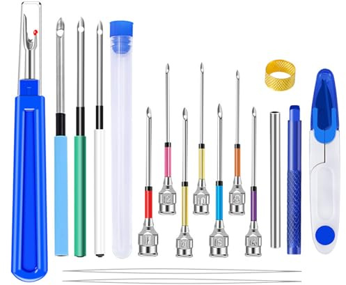 Stanznadel-Set für Erwachsene und Anfänger, inklusive Nadeleinfädlern, Sticknadeln, rutschfester Griff, Garnschere, Nahttrenner, Stickstift, Fingerbett, 18-teilig