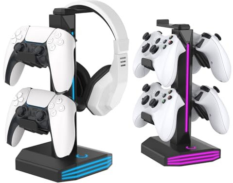 FINTIE RGB-Kopfhörerständer, Gaming-Controller-Halter für Schreibtisch mit 9 Beleuchtungsmodi, USB/Typ-C-Ladeanschlüsse, Headset-Ständer, Kopfhörer-Aufhänger, Zubehör für Desktop
