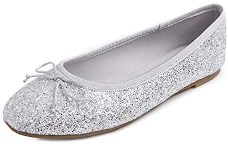 Feversole Women's Macaroon Shiny Memory Foam Cushion Insock Glitter Around Toe Ballet Flat Pumps Glitter Ice Silver 8