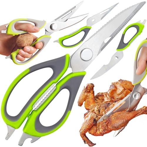 Retoo Küchenschere Edelstahl 23 cm, Scharfe Haushaltsschere mit Flaschenöffner, Mehrzweckschere Universalschere für Fleisch Fisch Walnuss, Robuste Schere für Küche Grau Grün