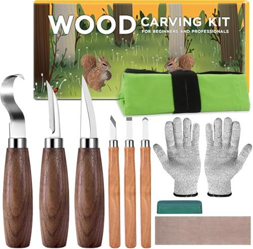 Kit de Tallado de Madera, 10 en 1 Kit de Herramientas para Tallar Madera, incluye 6 Cuchillos Para Tallar Madera Seco para principiantes, Guantes Resistentes a Cortes, Bolsa de Lona