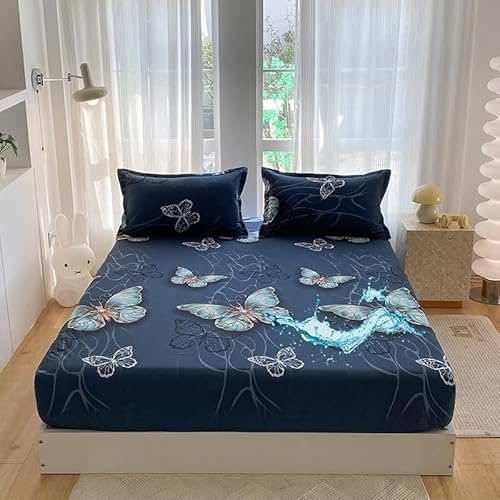 Lukery Wasserdichtes Spannbettlaken Verdickter Bettlaken 30cm Extra Tiefe Tasche Elastisch Spannbetttuch Weich Atmungsaktiv für Boxspringbett Dicke Matratzen (Blaues Insekt,153x203cm)