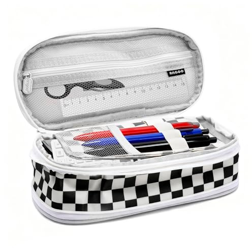 NVGFTG Kariertes Federmäppchen Aesthetic, Einziehbares Federmappe Etui 4 Fach, Federtasche mit Großem Fassungsvermögen, Mäppchen Teenager, Pencil Case, für Teenager Jungen, Mädchen (Schwarz-weiß)