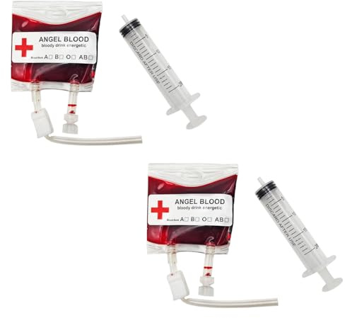 Tradineur - Pack de 2 bolsas de sangre falsa y jeringuilla, plástico, complemento para disfraz vampiro, decoración, Halloween, carnaval, fiestas temáticas, terror - 75 ml