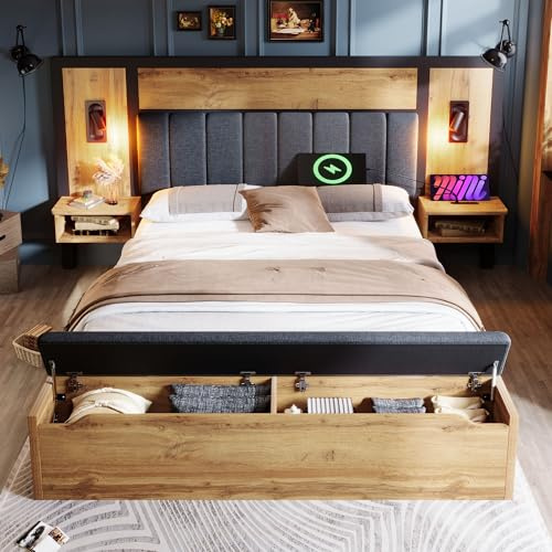 ZYLOYAL10 Doppelbett Polsterbett 180×200, Bettanlage mit Leselampe und U-S-B C Nachttisch und Sitzbank mit Stauraum, Bettgestell mit Lattenrost aus Metall, Holz und Leinen, Eiche(Ohne Matratze)