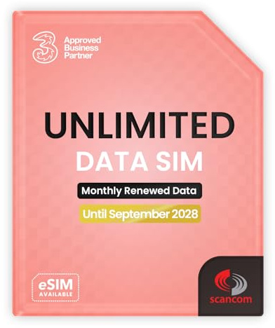 Three Unlimited Data SIM Card – for Portable WiFi, Routers & Phones – Preloaded Until September 2028 – Dual Network (Three & Vodafone) Stronger Coverage