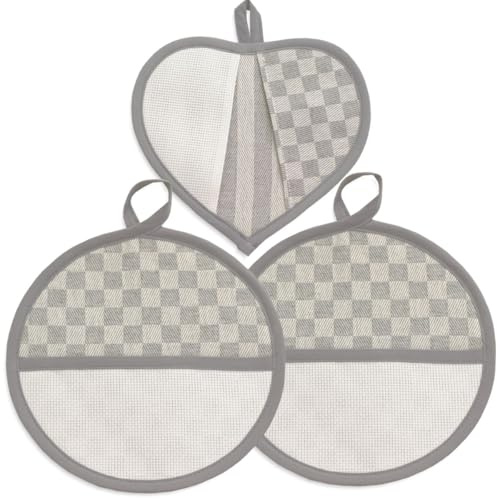 Set da 3 Pezzi di presine da cucina da ricamare a punto croce, Tela Aida, Tre pezzi di Presine per il punto croce, Coppia presine rotonda e 1 presina a cuore, fantasia quadretto grigrio