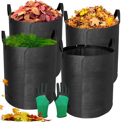 GRIRDDIV Lot de 4 Sacs à déchets de Jardin, 272 L, très résistants avec poignées, Étanche, Gants Autonome 4 poignées Stable Robuste Pliable, Sacs de Jardin réutilisables