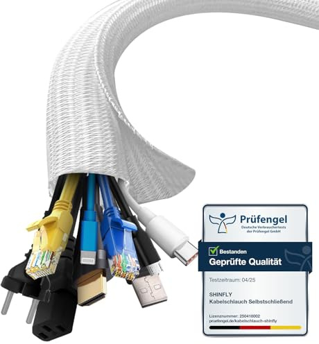 shinfly 19 mm - 3 m Cable Conduit White, Self-Closing Cable Duct for Desk, TV, Computer, PC, Cable Protection for Dogs, Cats