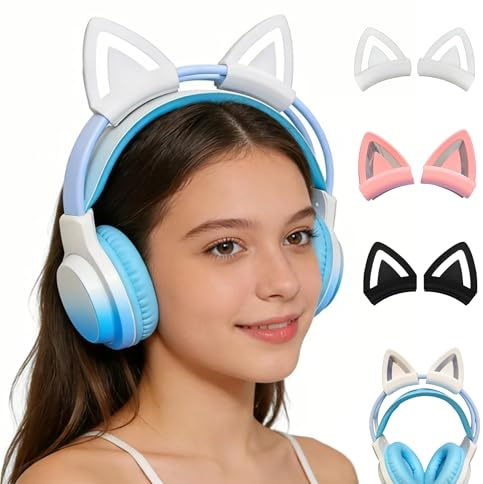 Orejas de gato para auriculares, accesorio universal para orejas de gatito, decoración con banda de silicona ajustable, orejas de gato para circunferencia de 2,8 a 3,5 cm (blanco, orejas de gato)