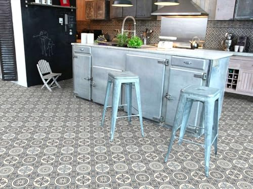 PVC Boden Vinylboden in Vintage Fliesenmuster – Retro Ornament Blau Grau, Zuschnitt (2m breit / 1m lang)