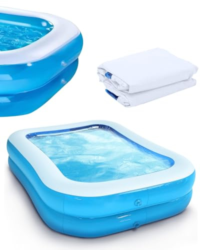 Aufblasbares Planschbecken, 2 Ringe Family Pool für Kinder, PVC Rechteck Family Schwimmbecken, Klappbarer Kinderplanschbecke für Gärten, Hinterhof, Sommer-Wasserspiel, 200 × 150× 50cm