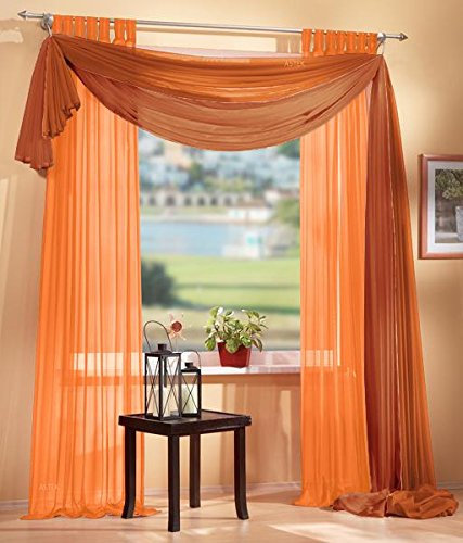 Gardinen Set, 2 x Schlaufenschal Voile, transparent, 245x140, Orange, 1 x Voile Querbehang, Freihanddeko, 140x600, Terrakotta, 61000560