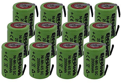 12 Batteries rechargeables NiMH 4/5 SC, 1,2 V, 2000 mAh, 22 x 33 mm, SubC, languette à souder pour pack de batteries