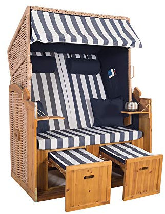 2-Sitzer Natur Ostseestrandkorb Hörnum - Strandkorb Volllieger mit ausziehbaren Fußablagen – inkl. Nackenkissen und Kuschelkissen Set (Blockstreifen, Blau)