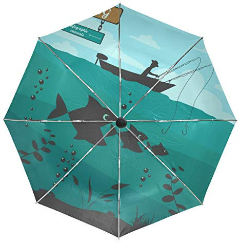 Wamika Parapluie Automatique pour pêche sur Bateau Bleu Corail Coupe-Vent imperméable Protection UV 3 Plis Ouverture Automatique Bouton Soleil et Pluie