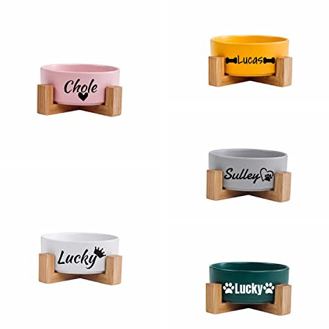 Personalised Ceramic Dog Cat Bowl with Wood Stand Puppy Bowls Cat Food Water Bowl Customizing Pet Names Dog Bowls For Small Dogs Bottom Non-slip And Easy To Clean