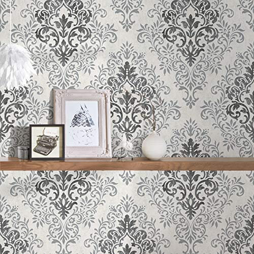 Ornament Tapete schwarz weiß grau | Barock Vliestapete nostalgisch ideal für Esszimmer und Wohnzimmer | Elegante Wandtapete mit Vinyl