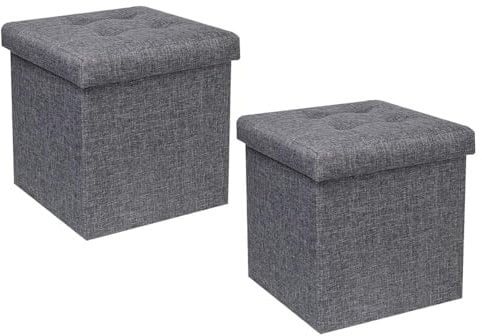 Bonlife Sitztruhe Aufbewahrung Kiste Fußbank Truhen Faltbarer Sitzhocker Mit Stauraum Leinen Packung mit 2 Stück,Grau, 32 x 32 x 32 cm