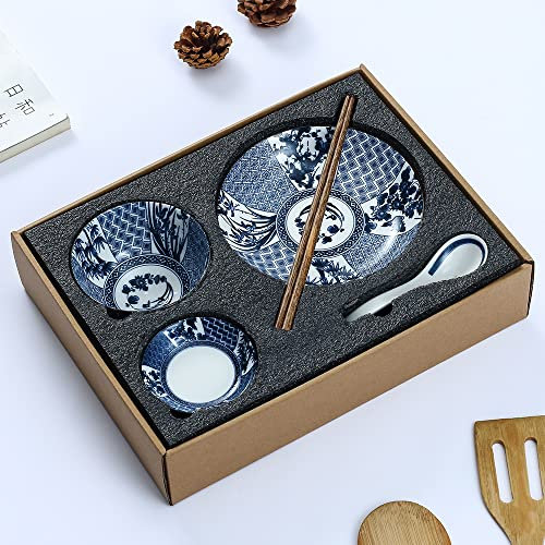 Gegong Blaues und weißes Porzellan-Geschirr-Set, Geschirr, Schüssel, Löffel, Essstäbchen, Service für 1, buntes glasiertes Keramik-Set, Orchidee, Bambus und Chrysantheme)