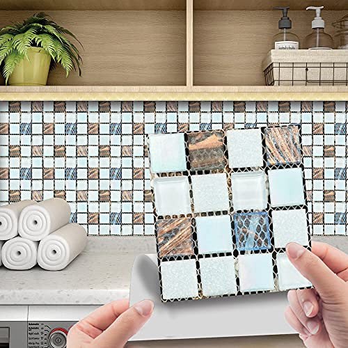 30pcs Wall Tile Stickers, Hiser Retro Mosaic Style Square Waterproof Marble Decals Sticker for Kitchen Living Room Bathroom Home Floor DIY Decor Self-Adhesive 10x10cm (White)