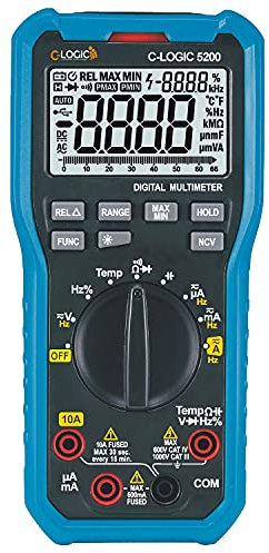 C-LOGIC 5200 Multimetro Digitale Professionale CAT IV 6600 Conti NCV Tensione DC/AC 1000 V Corrente AC/DC 10 A Resistenza 66 MΩ Temperatura Capacitanza Frequenza 20 kHz Autoscale