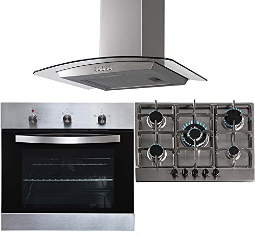 SIA SO113SS 60cm Stainless Steel Electric Single Fan Oven, SSG701SS 5 Burner Gas Hob With Cast Iron Pan Stands & CGH70SS Curved Glass Cooker Hood Fan