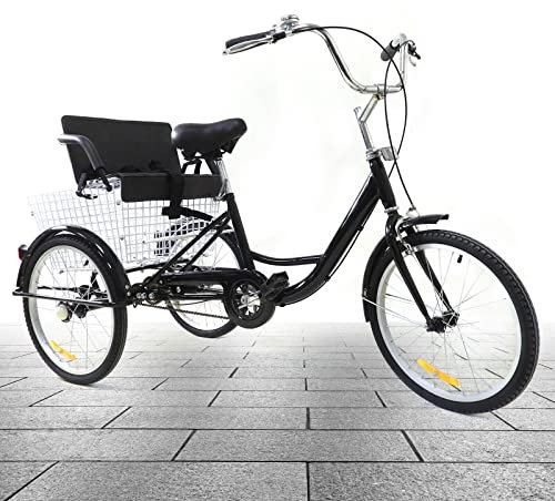 SHZICMY 20'' Dreirad für Erwachsene, 3 Rad Fahrrad Erwachsenendreirad, Dreirad für Senioren, mit Kindersitz & Korb, Ein Geschwindigkeit