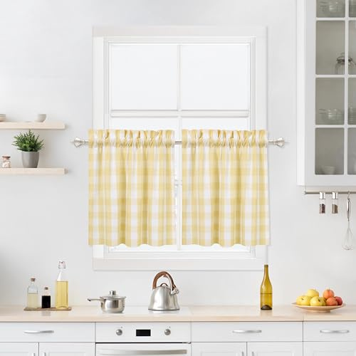 Cafe Vorhänge, Bauernhaus-Tiers, Küchenvorhänge, Gardinen, 61 cm lang, Gingham-Karo, Stangentasche, halbe Fenster, kurze Vorhänge für Küche, Badezimmer, 71 x 61 cm, Gelb/Weiß, 2 Stück