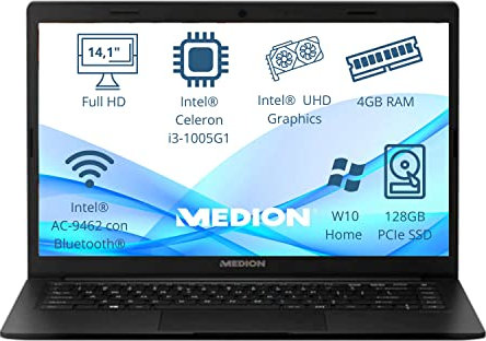 Medion Ordenador Portátil 14 Pulgadas i3 1005G1 Intel, SSD 128GB, RAM 4GB, Windows 10, Akoya MD62157