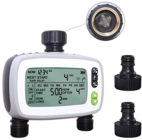 Aqualin Bewässerungscomputer mit 2 unabhängige Ausgängen, Automatisch/Manuell Wasser Timer mit Regenverzögerung,Bewässerungssteuerung mit FSTN 9.6 * 5.2cm Großer LCD-Bildschirm für Gartenpflanzen