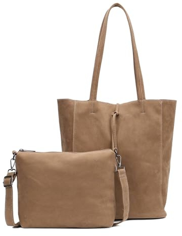 ITALYSHOP24 Damen Tasche Set 2in1 Shopper Handtasche Crossbody Hobo Bag Schultertasche Umhängetasche Metallic Cross-Over DIN-A4 Taupe V1