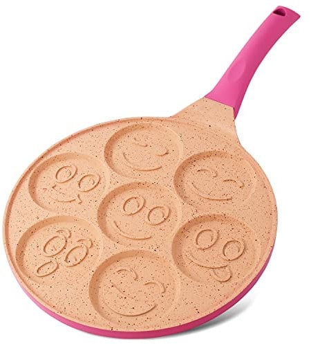 Joeji's Kitchen 7 Hole Pancake Pan 26cm - Smiley Faces Mold - Non Stick and Induction Suitable - Lightweight Cast Aluminium - Mini Pancakes - Fun Activity for Kids Breakfast - Pink