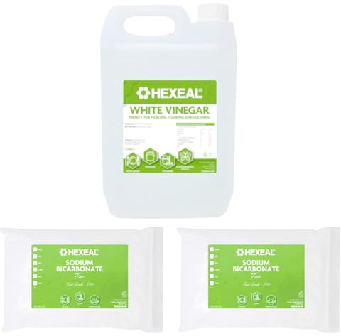 Hexeal 5L White Vinegar & 2 x 1kg Sodium Bicarbonate Bag | White Vinegar and Sodium Bicarbonate for Cleaning, Sanitising, Deodorising & Removing Grime