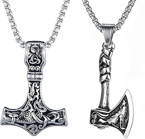Weenkeey 2 Pcs Thors Hammer Viking Amulet Pendant Axe Necklace Gothic Punk Rock Hip Hop Pendant - Silver