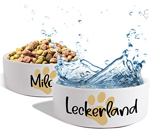Keramik Doppelnapf mit Namen oder Wunschtext für Hunde & Katzen „Große Pfote“ - personalisiertes Napf-Set mit/ohne Ständer| Hundenapf Futternapf Fressnapf | Futterstation (2X 1300ml)