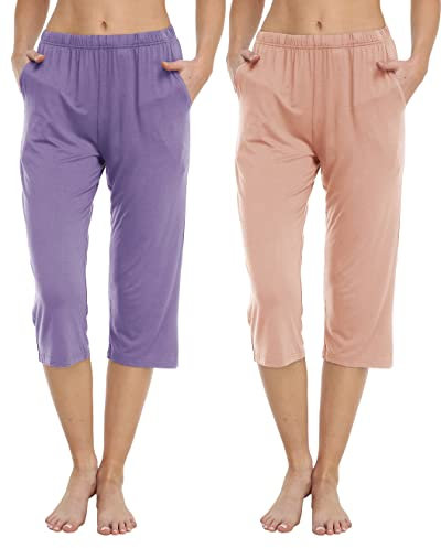 JINSHI Bas de Pyjama Femme Pantacourt Doux Confortable Modal Vêtements de Nuit Taille Élastique avec Poches (Rose, Violet) Taille M
