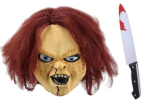 Young Chii Halloween Chucky Mask and Knife Scary Chucky Doll Latex Mask for Halloween Cosplay Costume Prop-2PCS