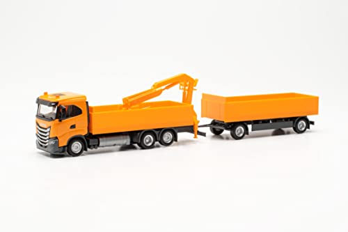 herpa 316217 Iveco LKW Modell S-Way ND Baustoff-Hängerzug, Miniatur im Maßstab 1:87, Sammlerstück, Made in Germany, aus Kunststoff Miniaturmodell, orange
