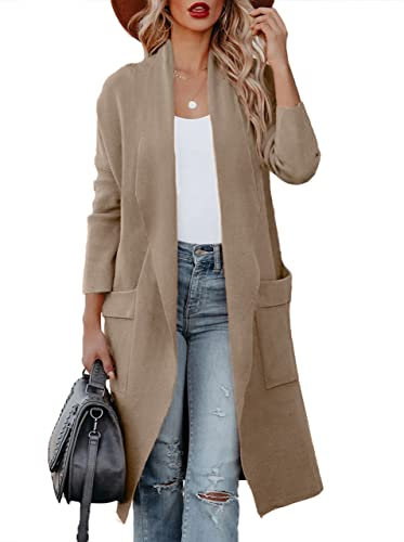 Uusollecy Cardigan Femme à Manches Longues Drapé Front Ouvert Gilet Long Femme en Laine avec des Poches,Kaki,S