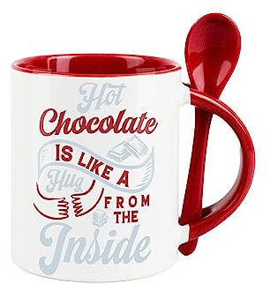 Hot Chocolate Mug and Spoon Set - Like A Hug from The Inside - Ceramic Red Coffee/Tea Mug with Spoon in Handle