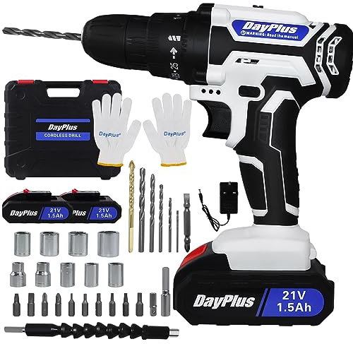 Cordless Electric Drill Driver 21V, 2 x 1.5Ah Batteries, 25+1 Torque, 45N.m Max Power, 29 Accessories, Variable Speed & Built-in LED